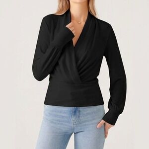 OGL Women Small Black Top Eco-Mousse Long Sleeve Draped Surplice Tuckable Blouse